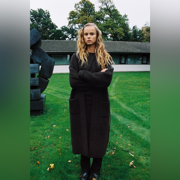 Zara coat wool blend classic casual Elegant Black Women's jacket with waist tie - Picture 4 of 8